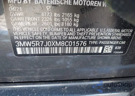 2021 BMW 330I xDrive z USA, uszkodzony, nr VIN 3MW5R7J0XM8C01576